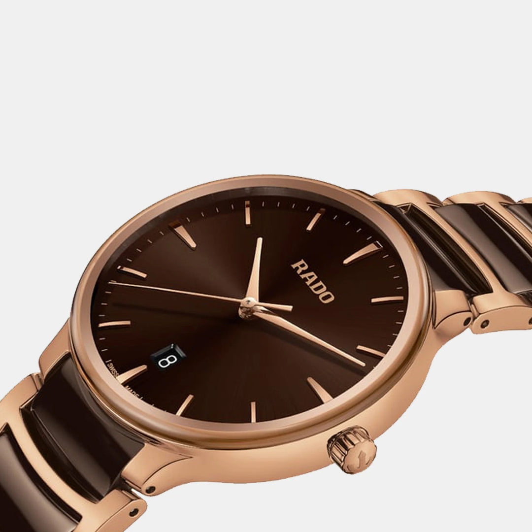 Rado Centrix 39.5mm Brown Sunray Dial Rose Gold Ceramic Quartz Watch (R30023302)