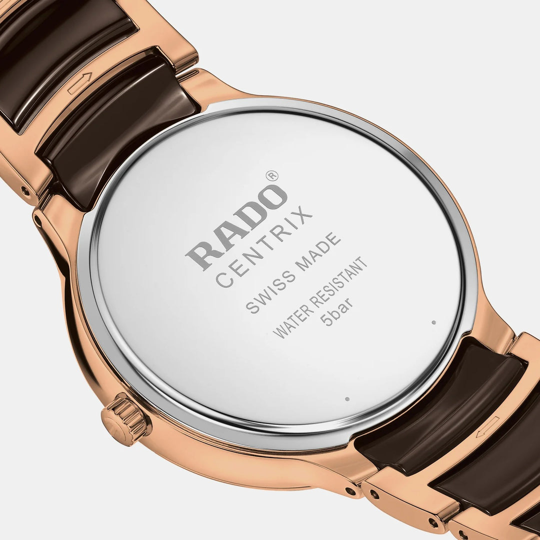 Rado Centrix 39.5mm Brown Sunray 12 Diamond Rose Gold Ceramic Quartz Watch (R30023732)