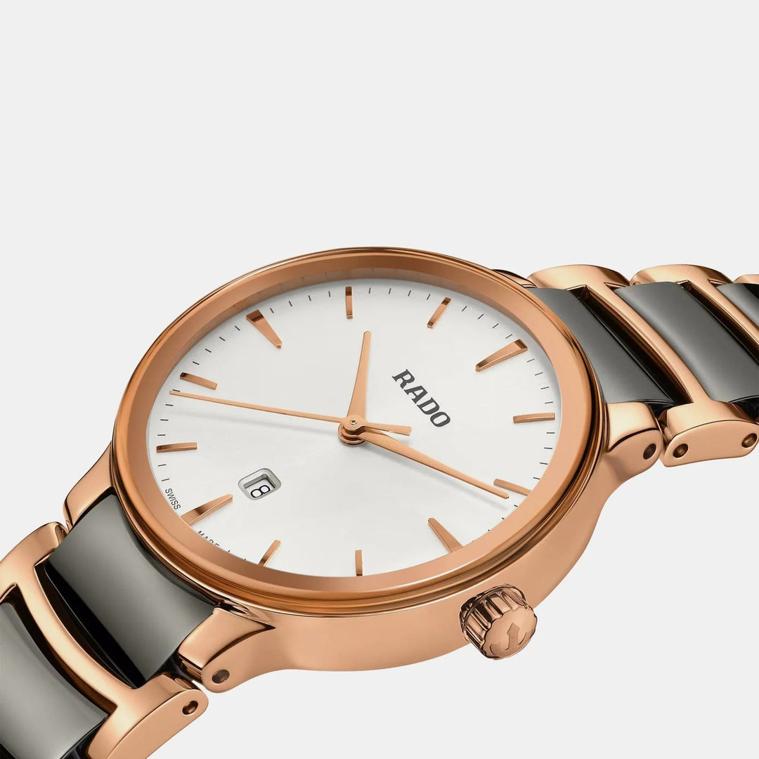 Rado Centrix 30.5mm Silver Dial Rose Gold Ceramic Ladies Quartz Watch R30024012