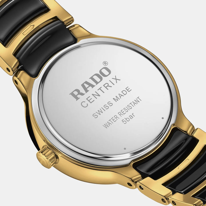 Rado Centrix 30.5mm Black Faceted 12 Diamond Yellow Gold Ladies Quartz Watch R30025742