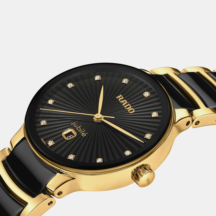 Rado Centrix 30.5mm Black Faceted 12 Diamond Yellow Gold Ladies Quartz Watch R30025742
