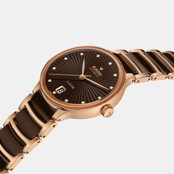 Rado Centrix 35mm Brown Faceted Diamond Dial Rose Gold Automatic Ladies Watch R30037732