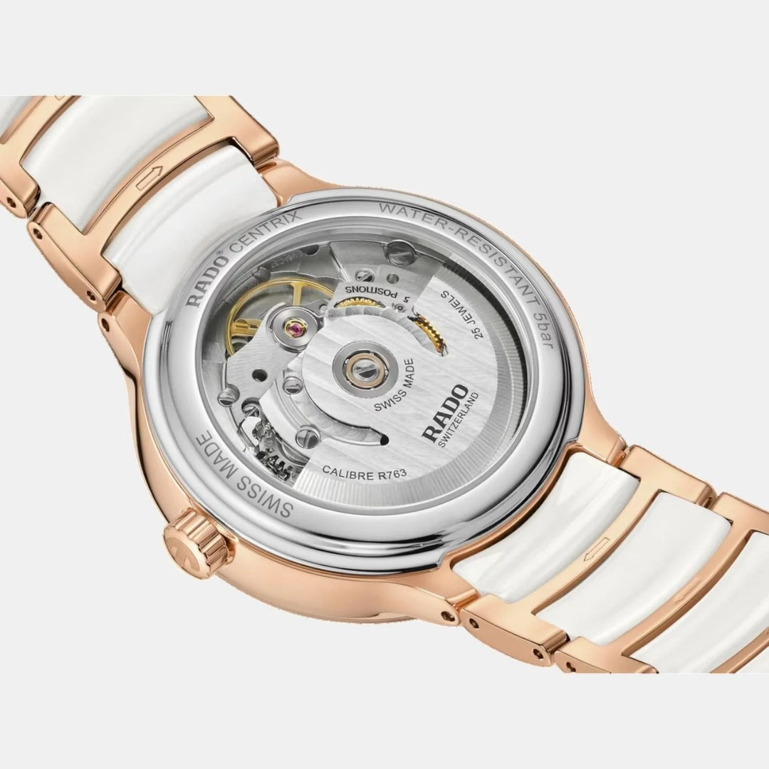 Rado Centrix 35mm White Faceted Diamond Dial Rose Gold Automatic Ladies Watch R30037744
