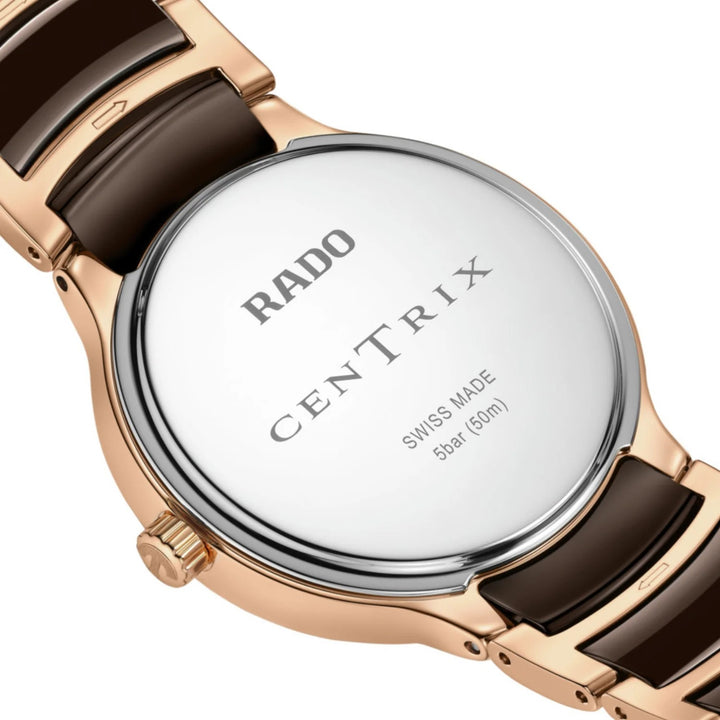 Rado Centrix 35mm Brown Diamond Dial Rose Gold Ceramic Ladies Quartz Watch R30038712
