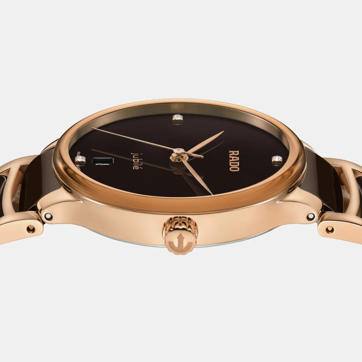 Rado Centrix 35mm Brown Diamond Dial Rose Gold Ceramic Ladies Quartz Watch R30038712