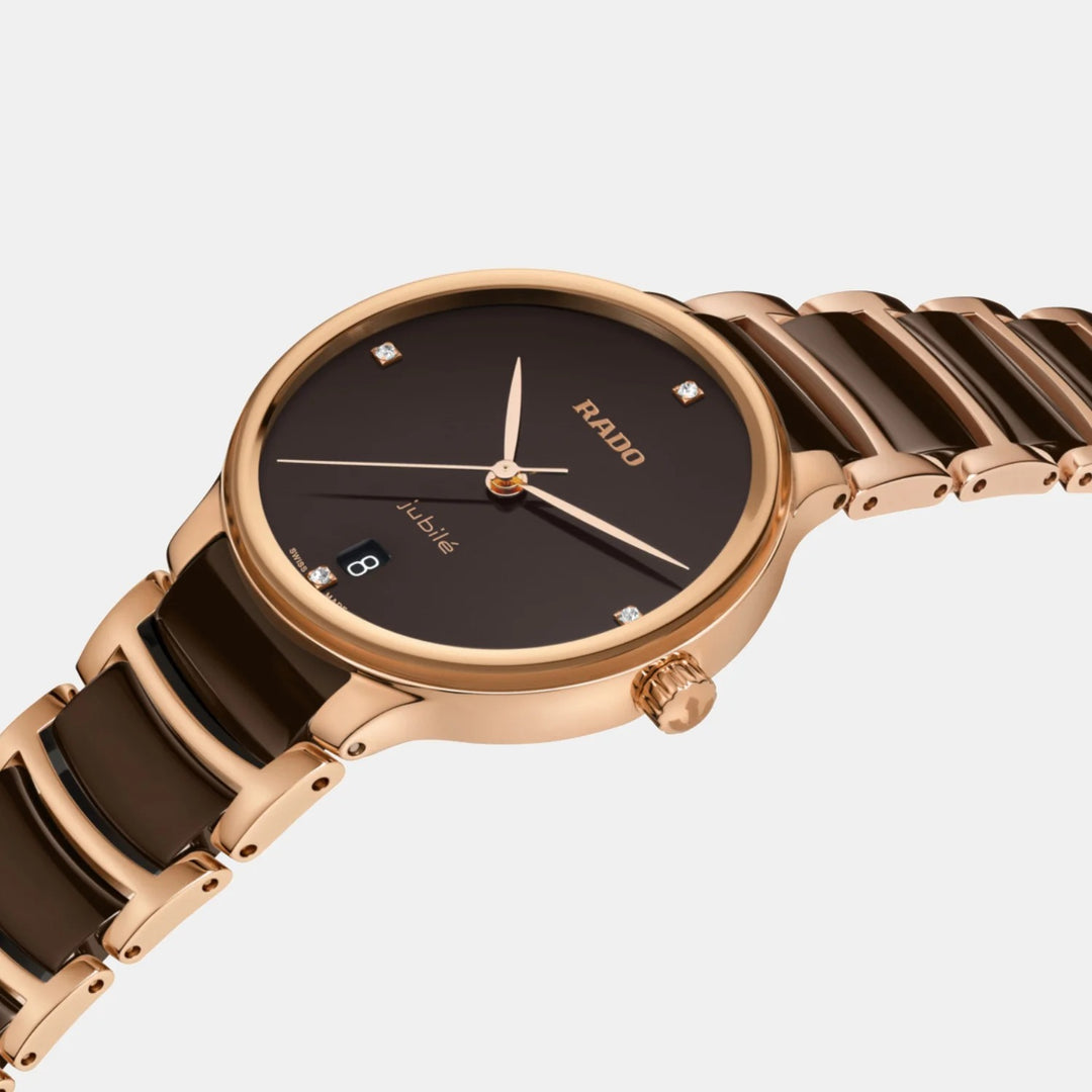 Rado Centrix 35mm Brown Diamond Dial Rose Gold Ceramic Ladies Quartz Watch R30038712