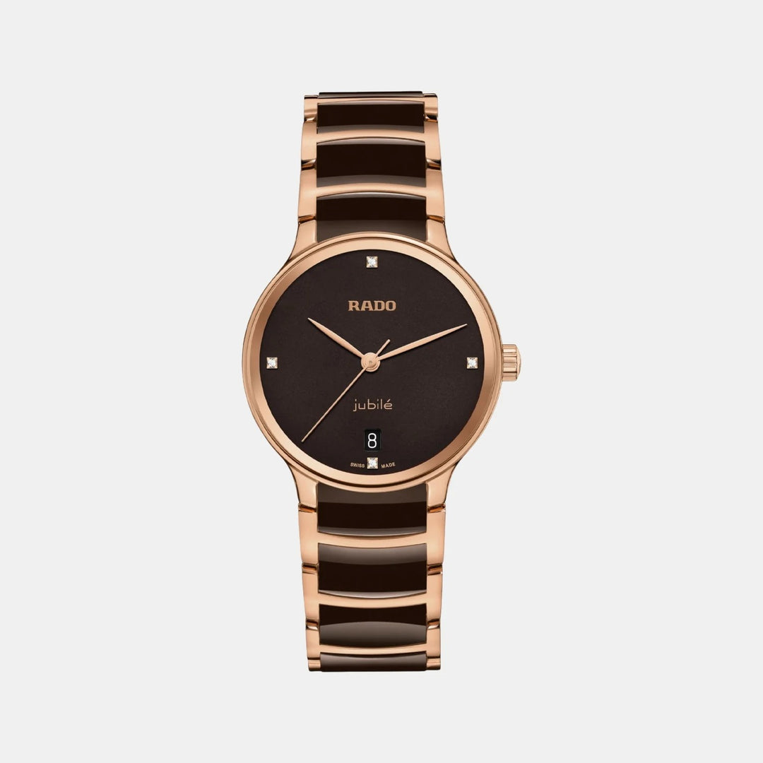 Rado Centrix 35mm Brown Diamond Dial Rose Gold Ceramic Ladies Quartz Watch R30038712