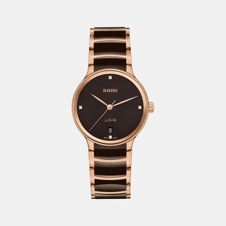 Rado Centrix 35mm Brown Diamond Dial Rose Gold Ceramic Ladies Quartz Watch R30038712