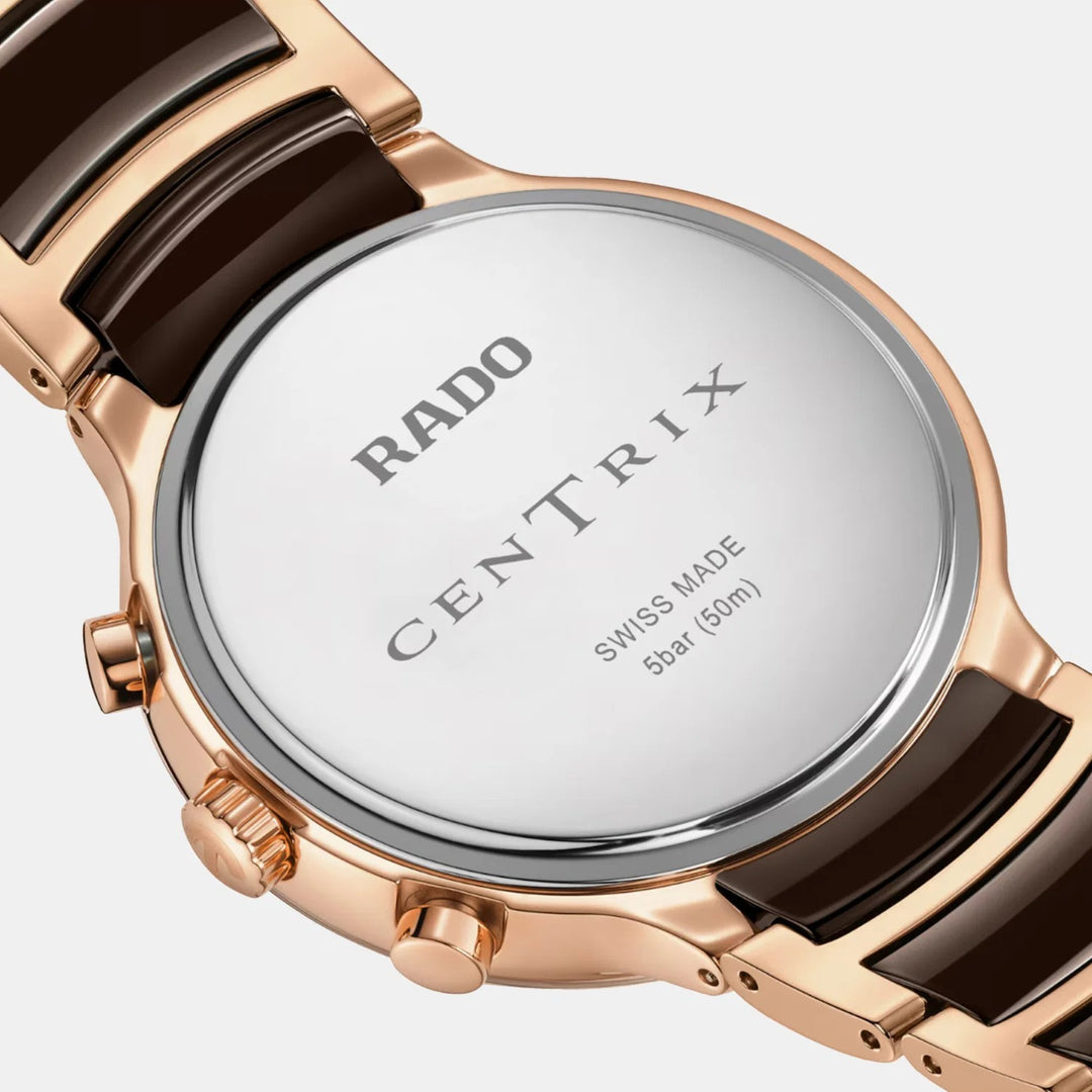 Rado Centrix Chronograph 41mm Brown Sunray Dial Rose Gold Ceramic Quartz Watch R30212302