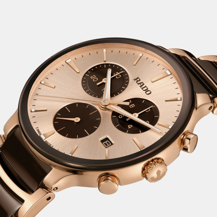 Rado Centrix Chronograph 41mm Champagne Sunray Dial Rose Gold Ceramic Quartz Watch R30212402