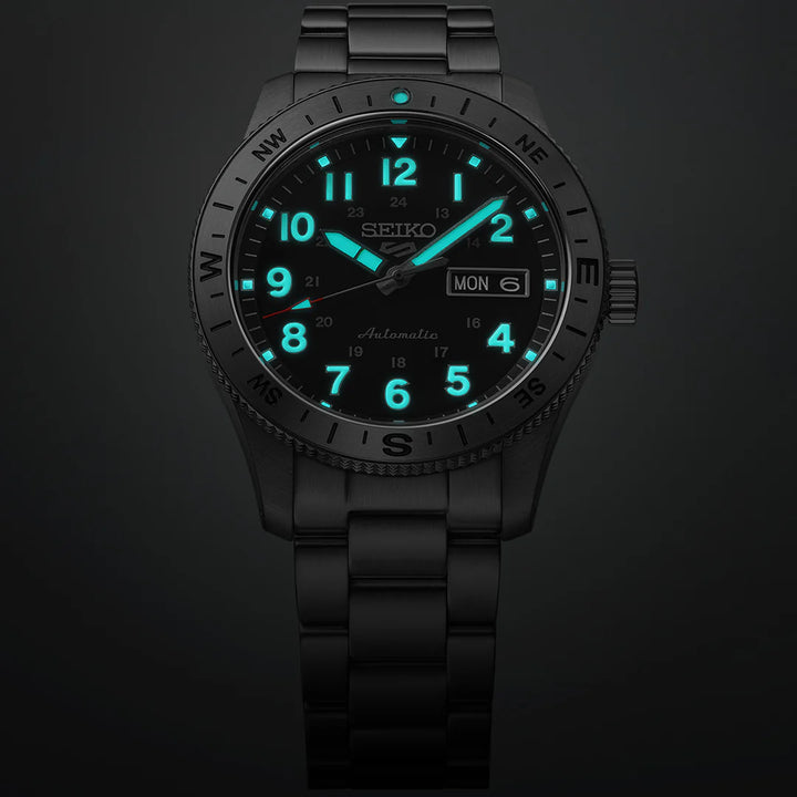 SEIKO 5 SPORTS FIELD WATCH AUTOMATIC – 41MM BLACK DIAL COMPASS BEZEL STEEL BRACELET