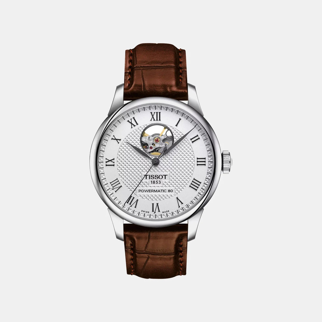 Tissot Le Locle Open Heart Powermatic 80 Watch – 39.3mm Silver Dial Leather Strap | T0064071603301