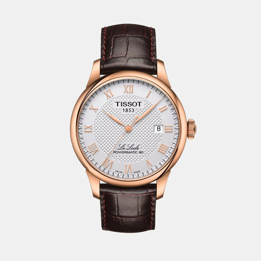 Tissot Le Locle Powermatic 80 automatic watch with rose gold case and brown leather strap