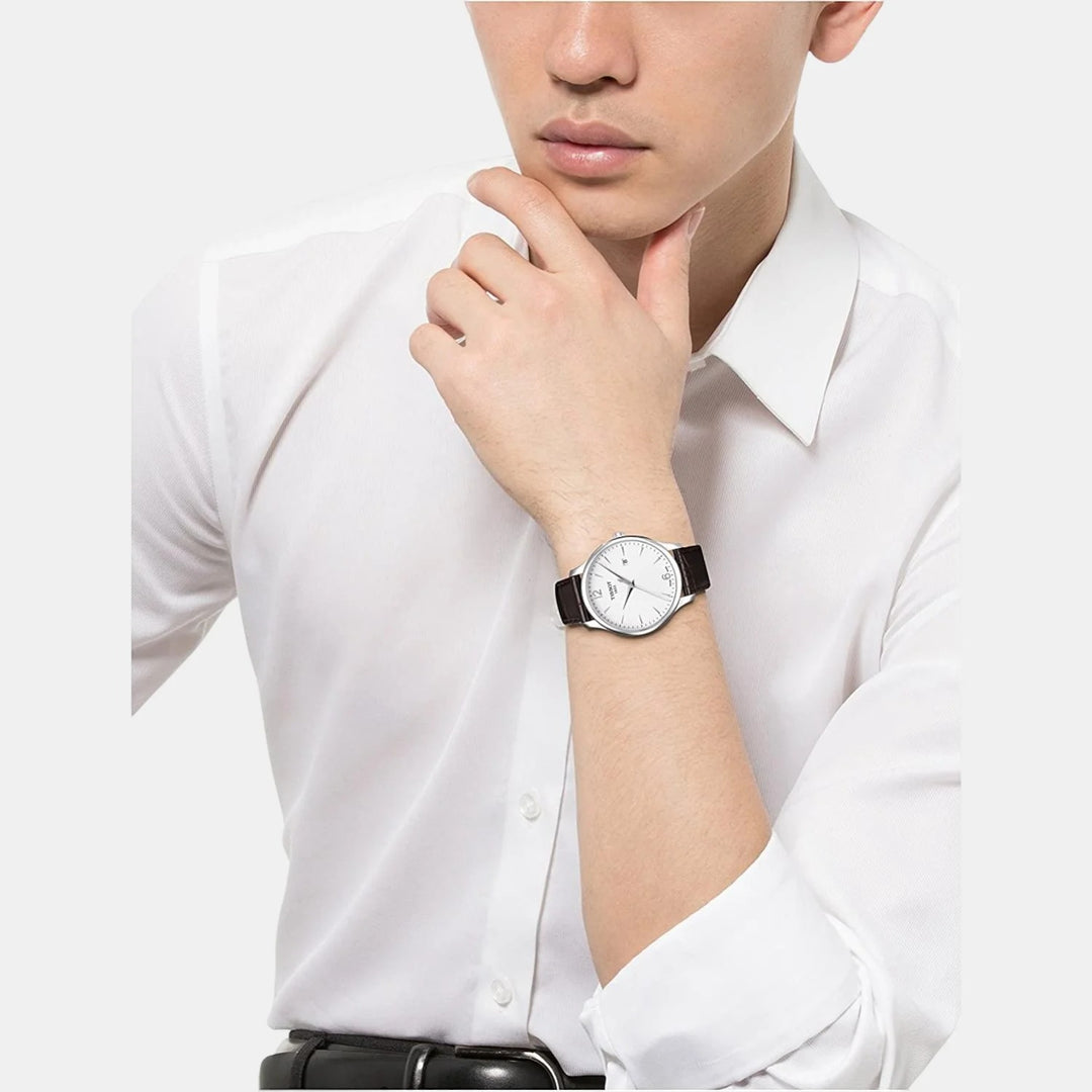 Tissot Tradition Quartz Watch – 42mm Silver Dial Brown Alligator Leather Strap