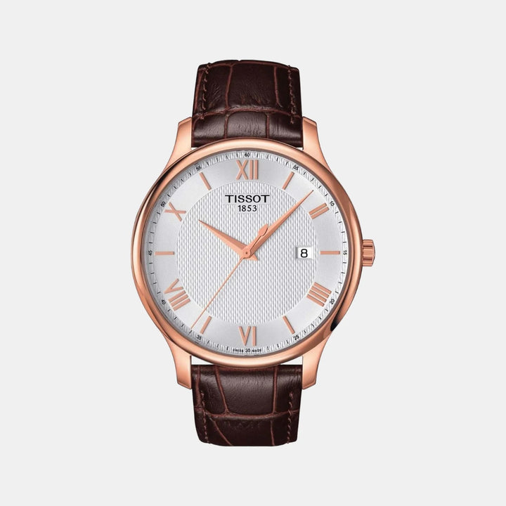 Tissot Tradition Quartz Rose Gold Watch – 42mm Silver Dial Brown Leather Strap