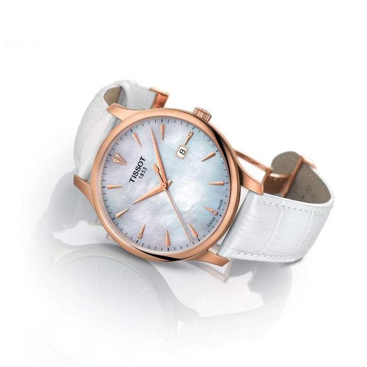 Tissot Tradition Quartz Rose Gold Watch – 42mm Mother-of-Pearl Dial White Leather Strap