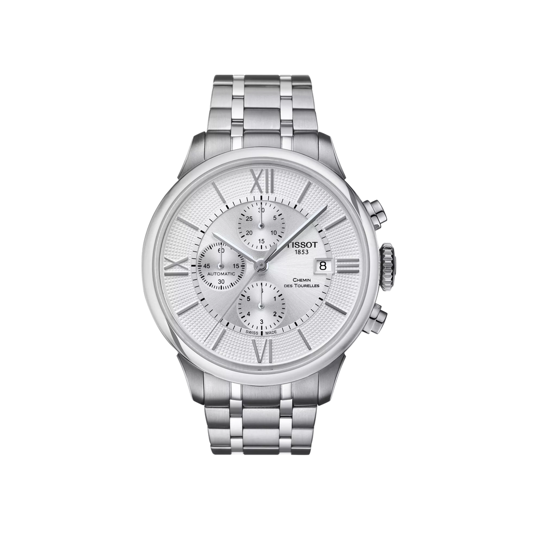 Tissot Chemin des Tourelles Automatic Chronograph Watch – 44mm Silver Dial Steel Bracelet