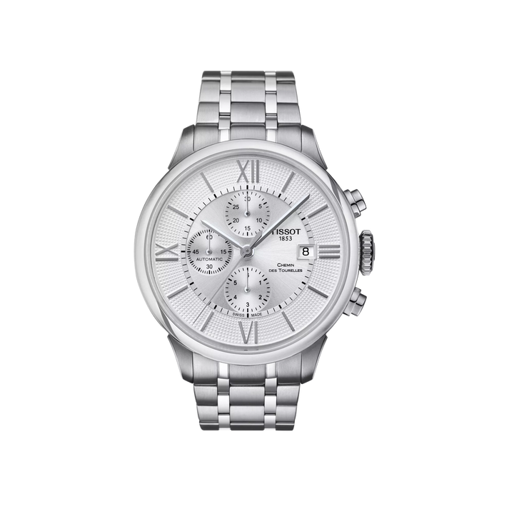 Tissot Chemin des Tourelles Automatic Chronograph Watch – 44mm Silver Dial Steel Bracelet