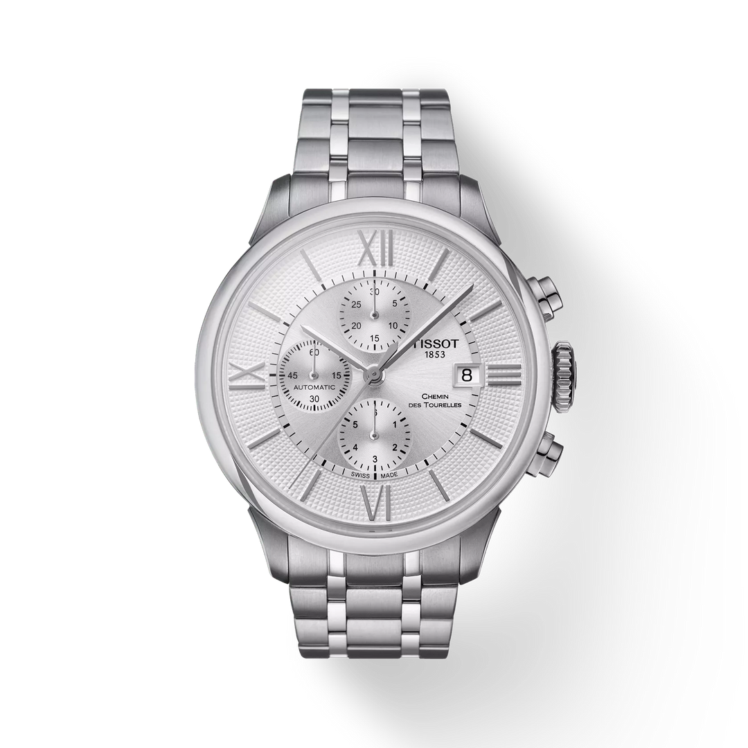 Tissot Chemin des Tourelles Automatic Chronograph Watch – 44mm Silver Dial Steel Bracelet