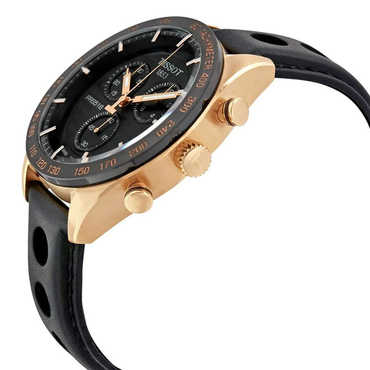 Tissot PRS 516 Quartz Chronograph Watch – 42mm Black Dial Rose Gold Black Leather Strap