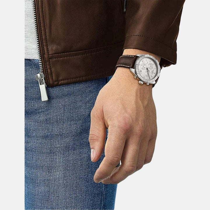 Tissot PR 100 Sport Gent Quartz Chronograph Watch – 44mm Silver Dial Brown Leather Strap