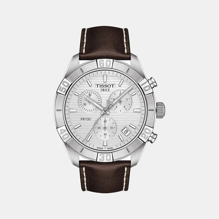 Tissot PR 100 Sport Gent Quartz Chronograph Watch – 44mm Silver Dial Brown Leather Strap