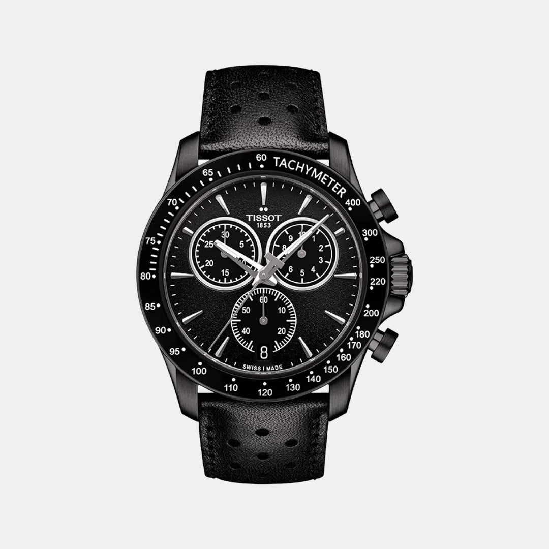 Tissot V8 Quartz Chronograph Watch – 42.5mm Black Dial Black PVD Perforated Leather Strap