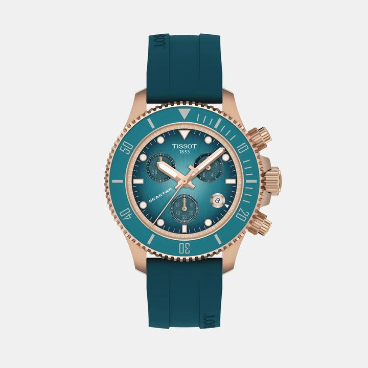 Tissot Seastar 1000 Quartz Chronograph Watch – 38mm Turquoise Dial Rose Gold Silicone Strap