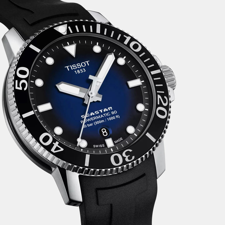 Tissot Seastar 1000 Powermatic 80 Watch – 43mm Blue Dial Black Rubber Strap