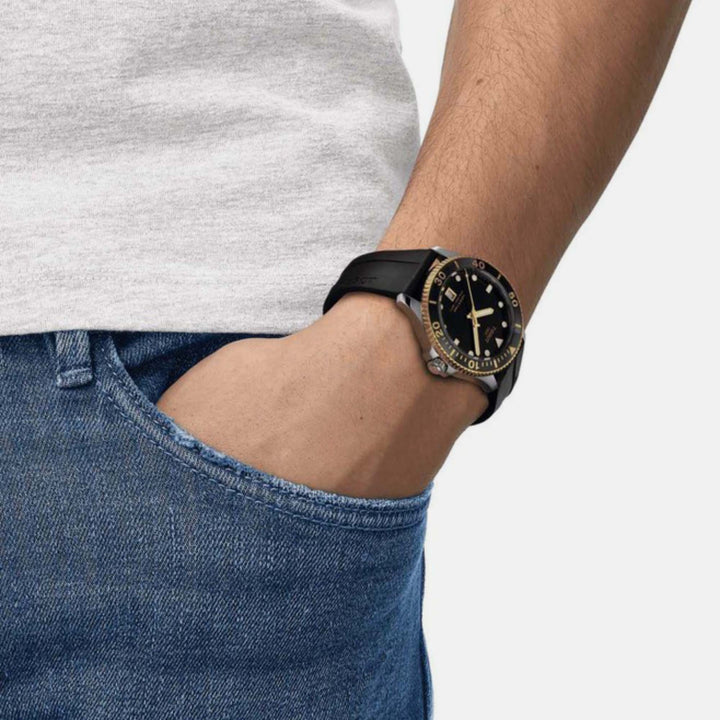 Tissot Seastar 1000 Quartz Watch – 40mm Black Dial Yellow Gold PVD Rubber Strap