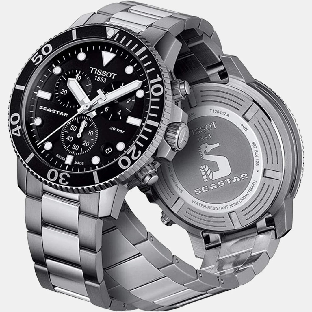 Tissot Seastar 1000 Quartz Chronograph Watch – 45.5mm Black Dial Steel Bracelet