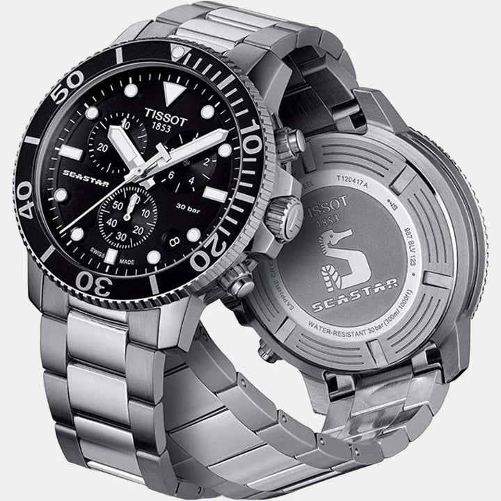 Tissot Seastar 1000 Quartz Chronograph Watch – 45.5mm Black Dial Steel Bracelet