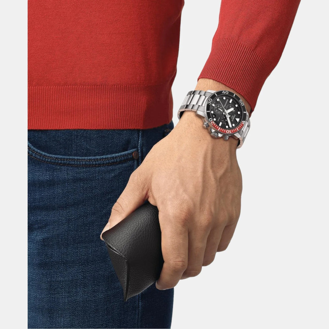 Tissot Seastar 1000 Quartz Chronograph Watch – 45.5mm Black Dial Black/Red Bezel Steel Bracelet