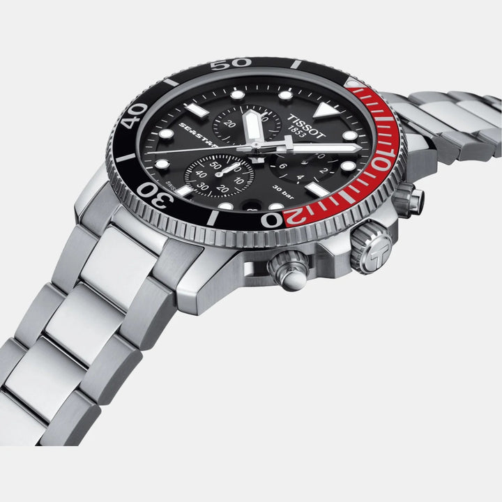 Tissot Seastar 1000 Quartz Chronograph Watch – 45.5mm Black Dial Black/Red Bezel Steel Bracelet