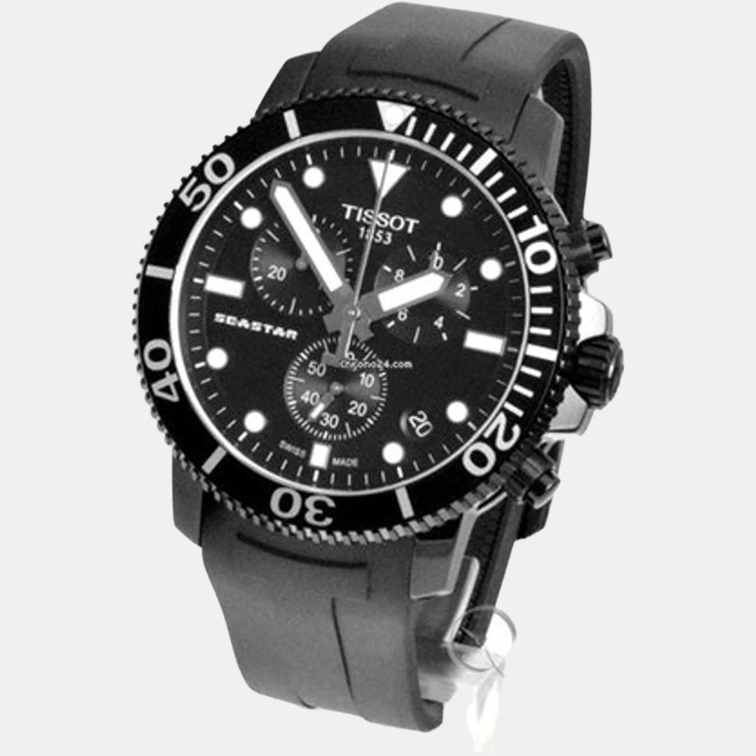 Tissot Seastar 1000 Quartz Chronograph Watch – 45.5mm Black Dial Rose Gold PVD Rubber Strap