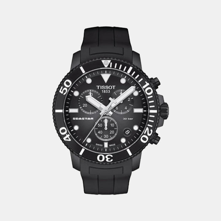 Tissot Seastar 1000 Quartz Chronograph Watch – 45.5mm Black Dial Rose Gold PVD Rubber Strap
