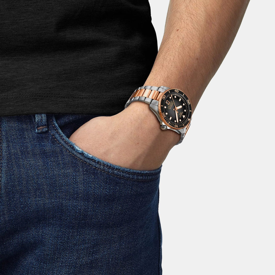 Tissot Seastar 1000 Powermatic 80 Watch – 40mm Black Dial Two-Tone Yellow Gold Bracelet
