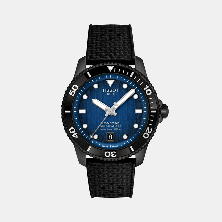 Tissot Seastar 1000 Powermatic 80 Watch – 40mm Blue Dial Rubber Strap