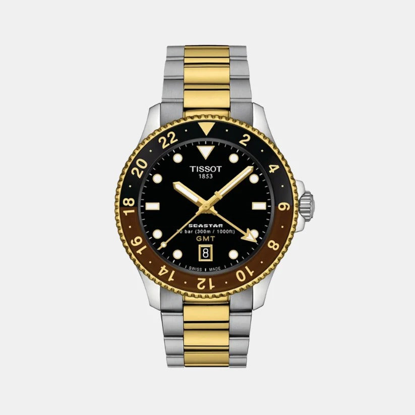 Tissot Seastar 1000 GMT Quartz Watch – 40mm Black Dial Root Beer Two-Tone Yellow Gold Bracelet