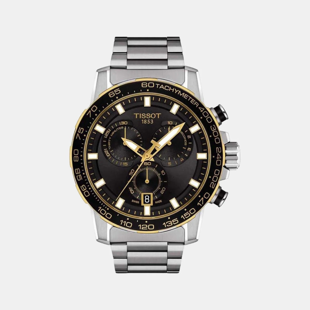 Tissot Supersport Chrono Quartz Chronograph Watch – 45.5mm Black Dial Yellow Gold PVD Steel Bracelet