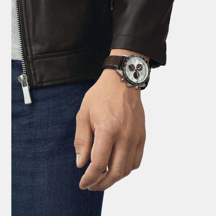 Tissot PRS 516 Quartz Chronograph Watch – 45mm Silver Dial Brown Leather Strap