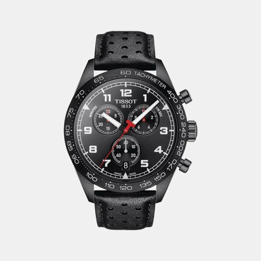 Tissot PRS 516 Quartz Chronograph Watch – 45mm Black Dial Black PVD Black Leather Strap
