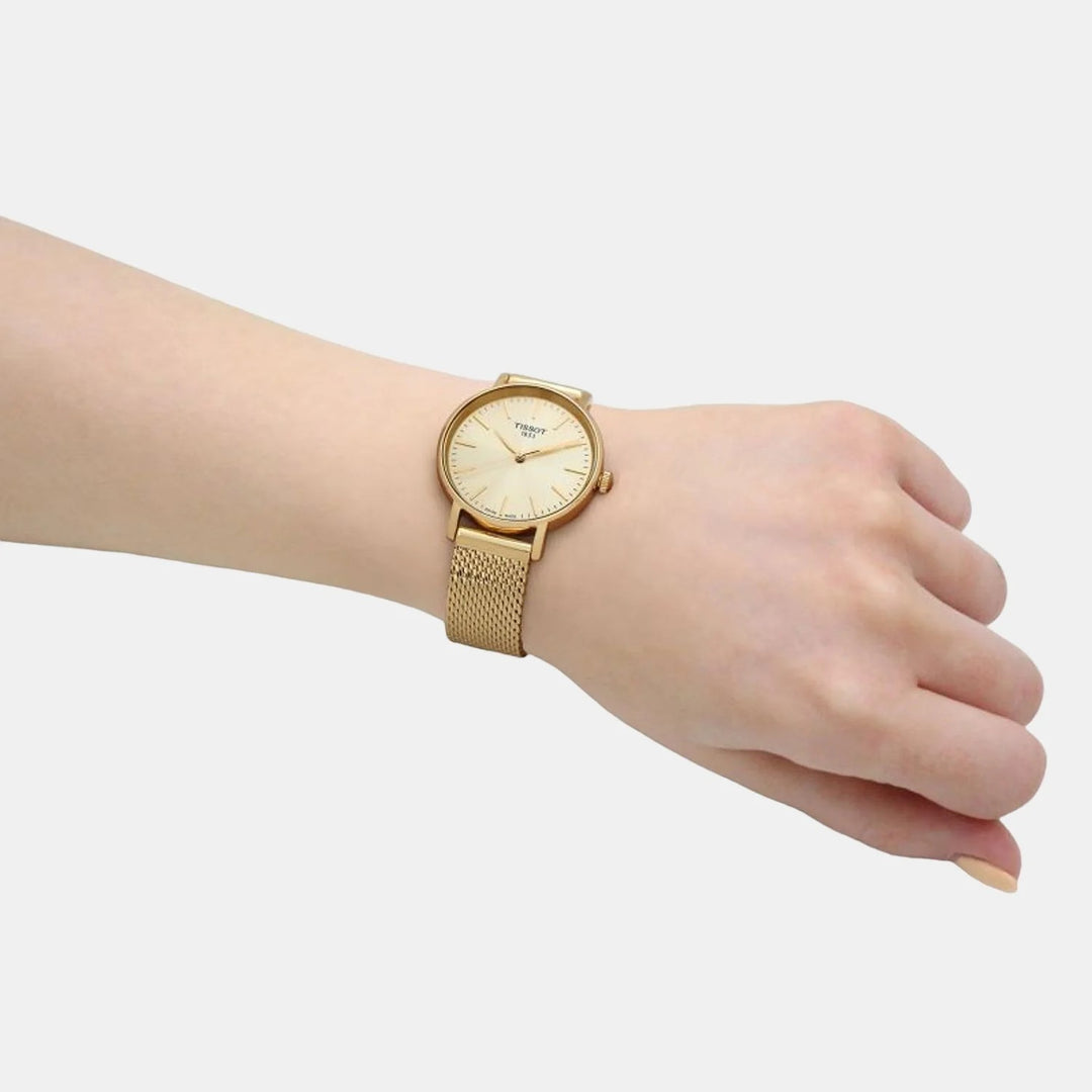 Tissot Everytime 34mm Quartz Watch – Champagne Dial Yellow Gold Mesh