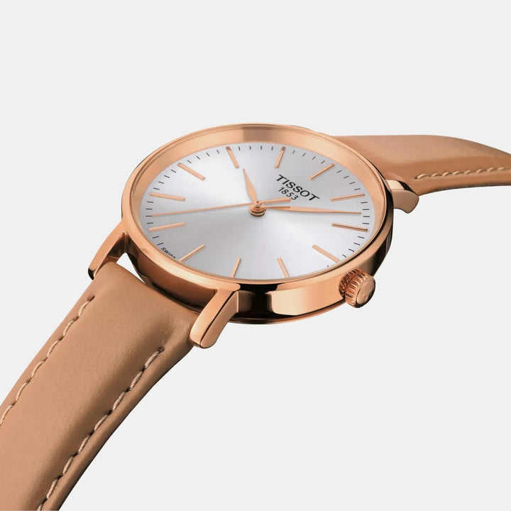 Tissot Everytime 34mm Quartz Watch – Silver Dial Rose Gold Leather