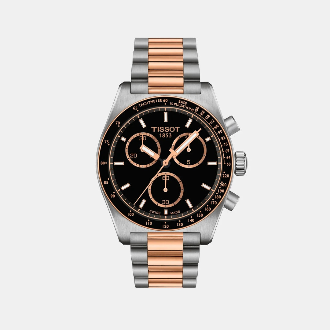 Tissot PR516 Chronograph 40mm Quartz Watch – Black Dial Two-Tone Leather Strap