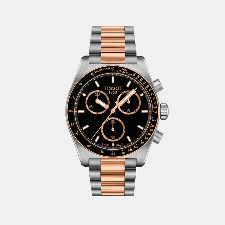Tissot PR516 Chronograph 40mm Quartz Watch – Black Dial Two-Tone Leather Strap