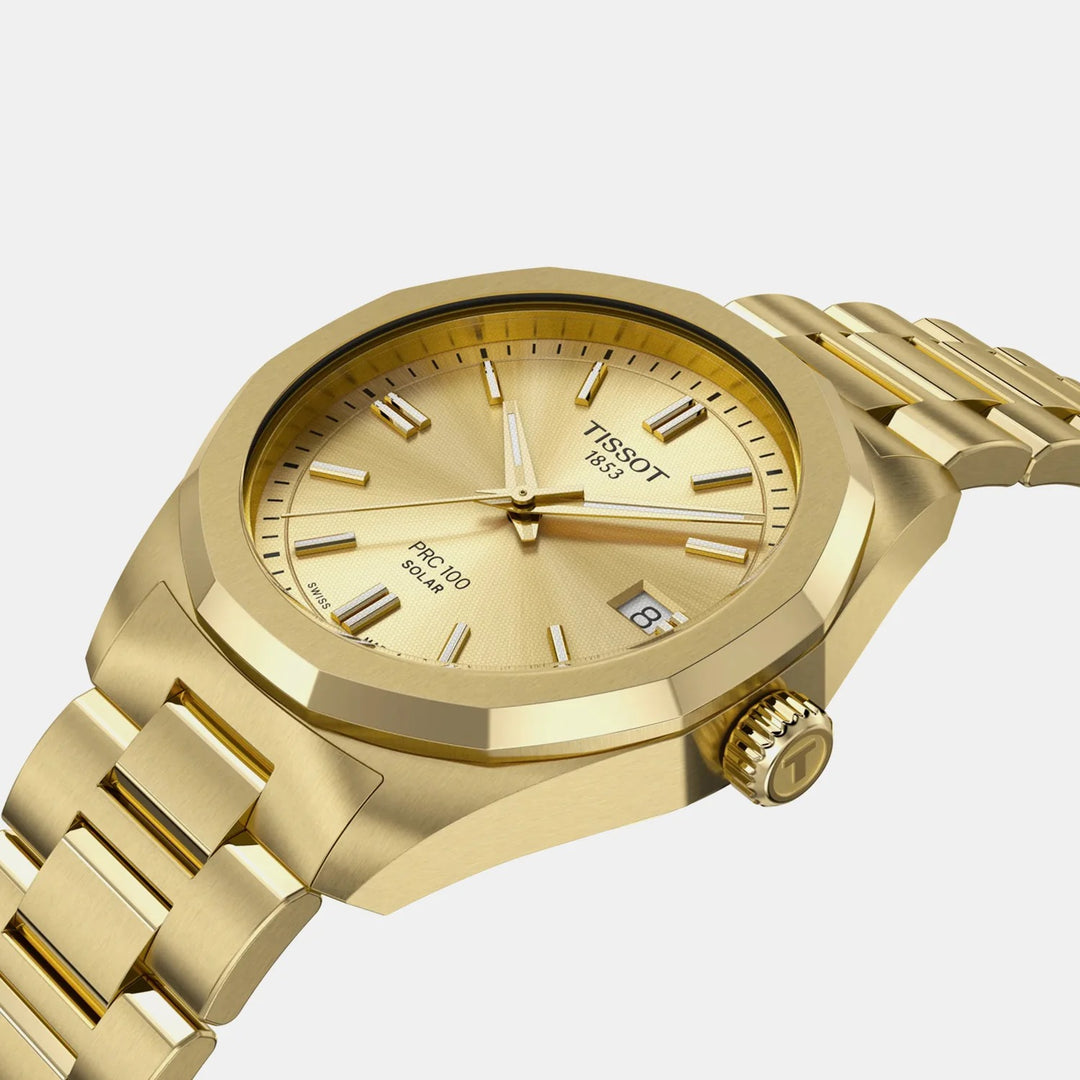 Tissot PRC 100 Solar 34mm Champagne Dial Gold PVD Bracelet
